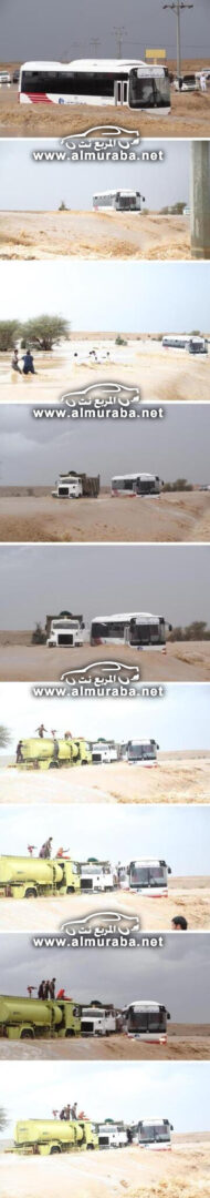 “بالصور” شبان سعوديين يقتحمون سيل بمحافظة القويعية لإنقاذ باص فيه الطالبات والسائق