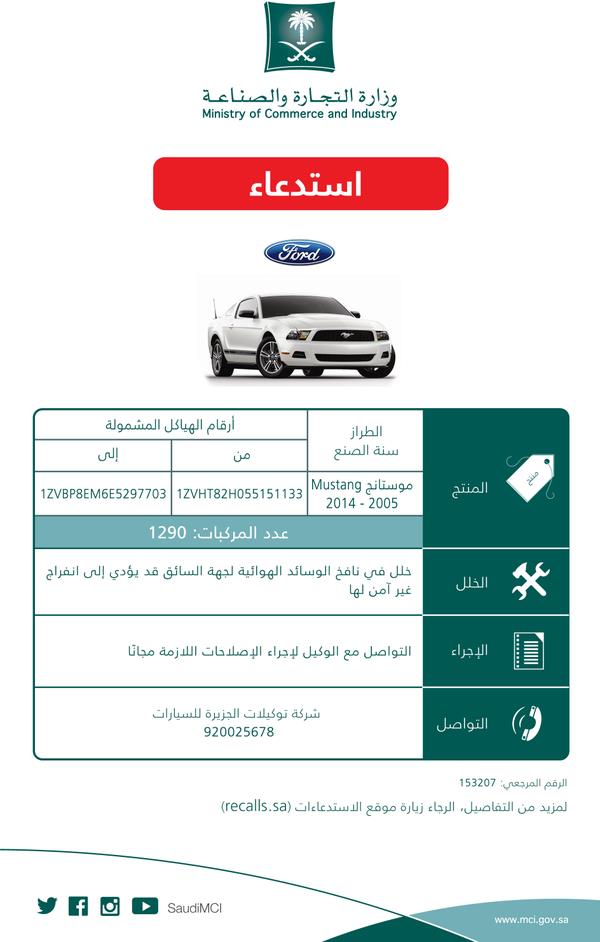 "وزارة التجارة" استدعاء أكثر من 6300 سيارة فورد "فيوجن وموستنج" بسبب خلل في منظومة التوجيه والوسائد الهوائية af967eb2-b978-40bf-bf5b-43f70a445dc4