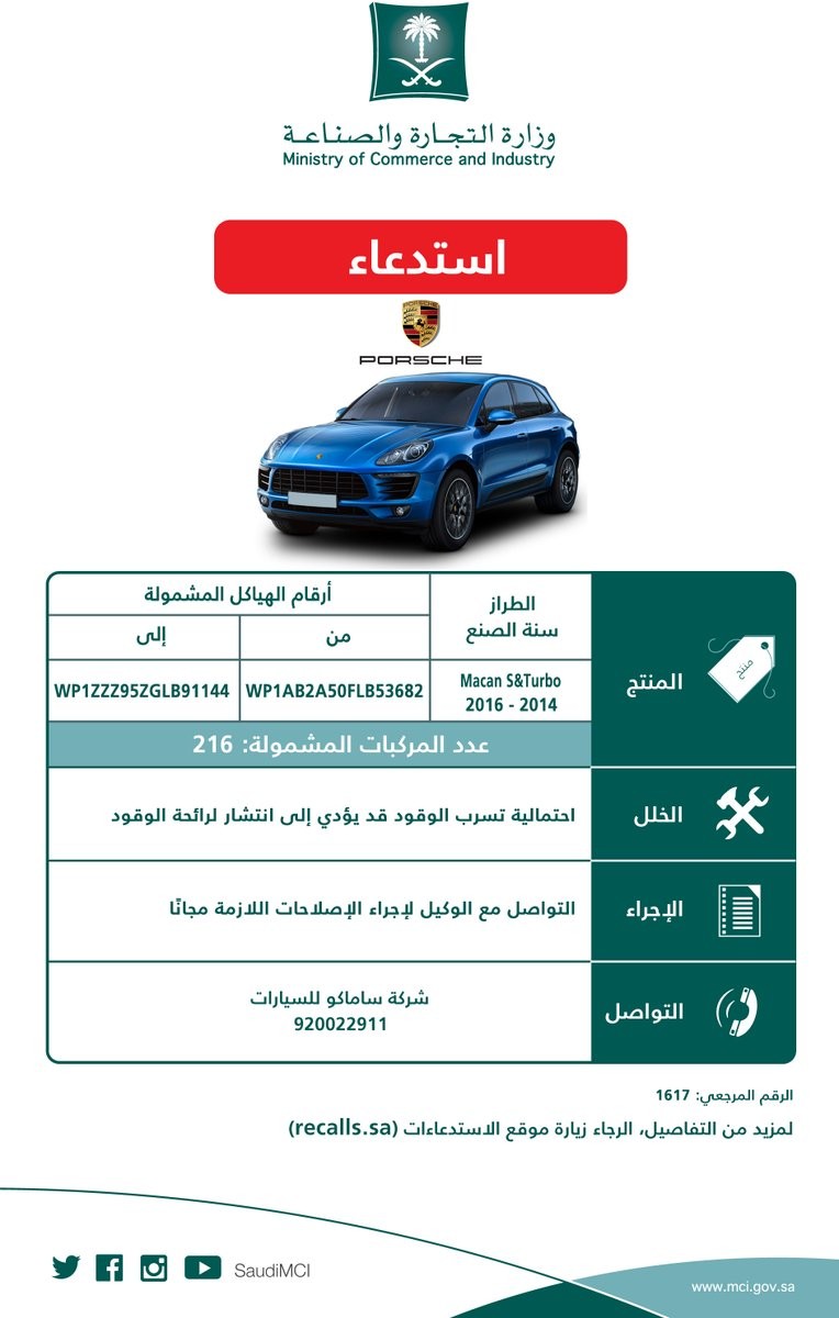 "وزارة التجارة" تعلن عن استدعاء سيارات بورش ماكان 2014-2016 لاحتمالية تسرب الوقود "وزارة التجارة" تعلن عن استدعاء سيارات بورش ماكان 2014-2016 لاحتمالية تسرب الوقود 14