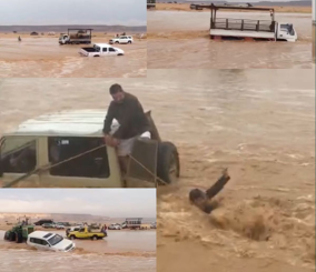 “فيديو“شاهد مغامرون يتحدون الدفاع المدني ويقطعون السيول