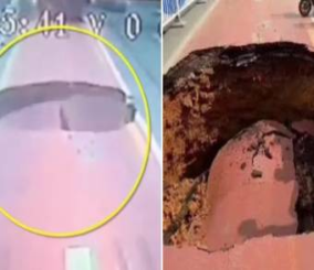 “فيديو” شاهد حافلة تنجو من السقوط في انهيار مفاجئ على الطريق