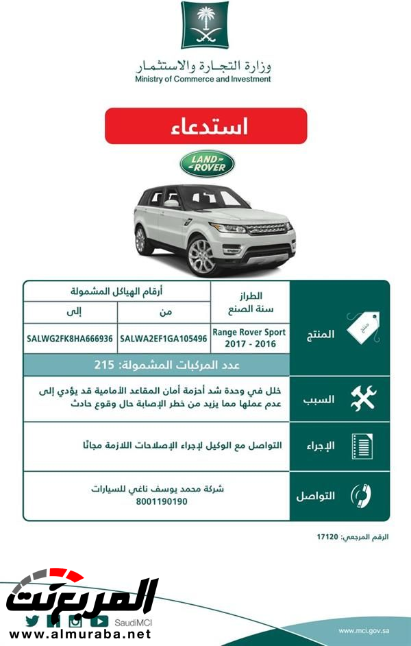 استدعاء 215 سيارة "رينج روفر سبورت" و181 سيارة "رينج روفر" موديلات 2016 و2017 استدعاء 215 سيارة "رينج روفر سبورت" و181 سيارة "رينج روفر" موديلات 2016 و2017 2