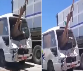 “فيديو” شاهد انتشال جمل من داخل حافلة اصطدم بها بأحد الطرق في سلطنة عمان
