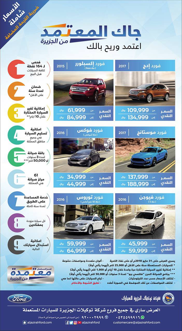 عرض توكيلات الجزيرة على سيارات فورد المستعملة المعتمدة موديلات 2015 و2016 و2017