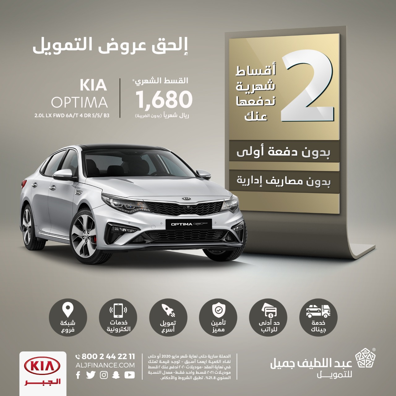 عرض التأجير التمويلي من عبداللطيف جميل على كيا أوبتيما 2020