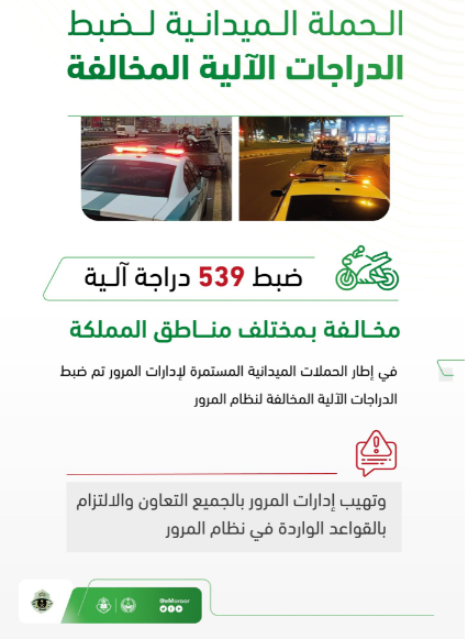 "المرور": يعلن ضبط 539 درّاجة آلية مخالفة بمناطق المملكة "المرور": يعلن ضبط 539 درّاجة آلية مخالفة بمناطق المملكة 1