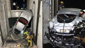 سقوط عنيف لفيراري روما بسبب انهيار المصعد في أحد وكالات السيارات الفاخرة حادث فيراري روما