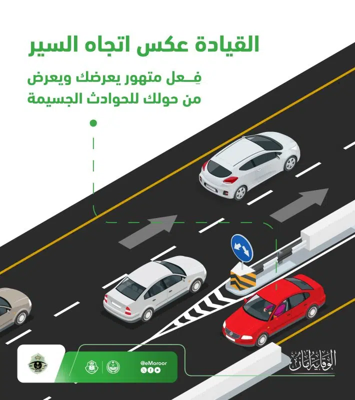 "المرور" يحذر من خطورة القيادة عكس الاتجاه..وهذه عقوبتها "المرور" يحذر من خطورة القيادة عكس الاتجاه..وهذه عقوبتها 2