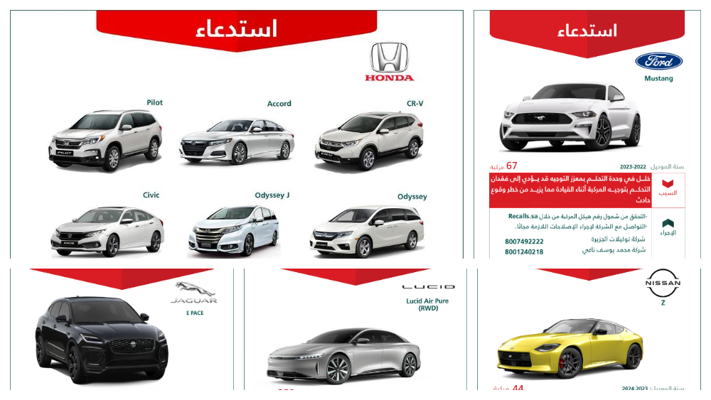 قائمة استدعاءات السيارات في السعودية خلال الربع الأخير في عام 2024