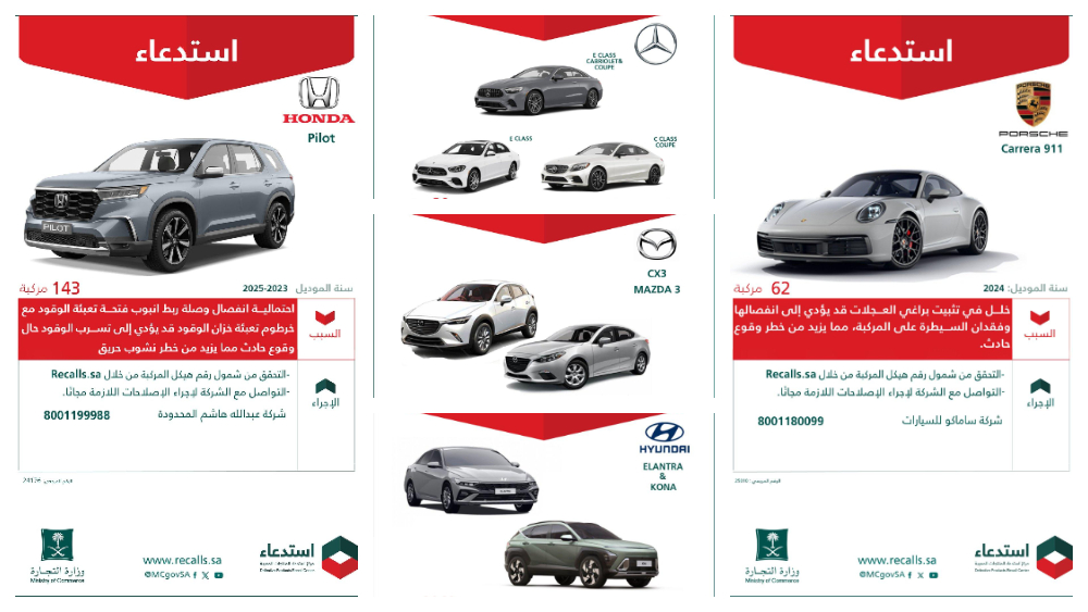 قائمة استدعاءات السيارات في السعودية خلال شهر يناير 2025