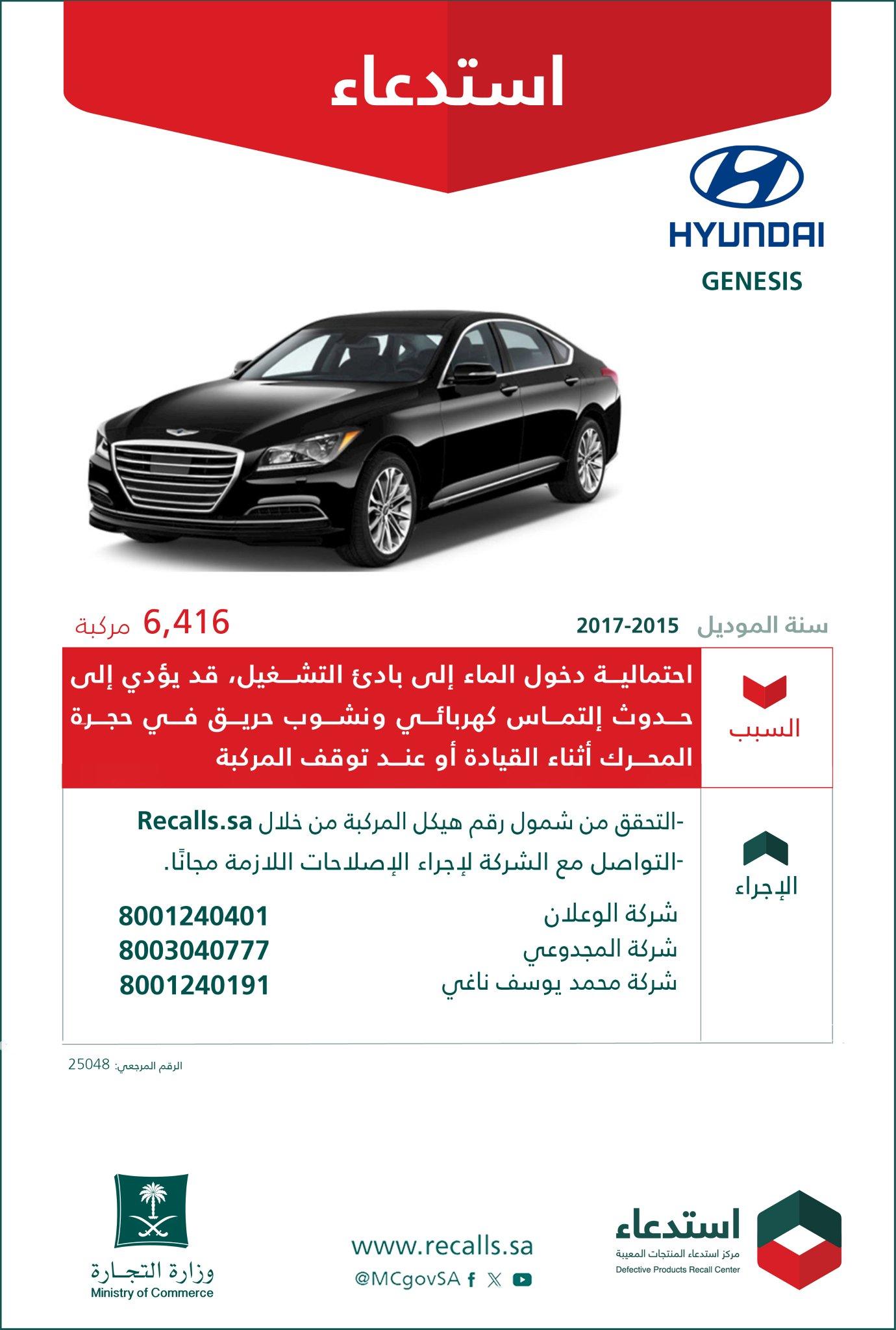 استدعاء 6416 سيارة جينيسيس موديلات 2015 - 2017 استدعاء 6416 سيارة جينيسيس موديلات 2015 - 2017