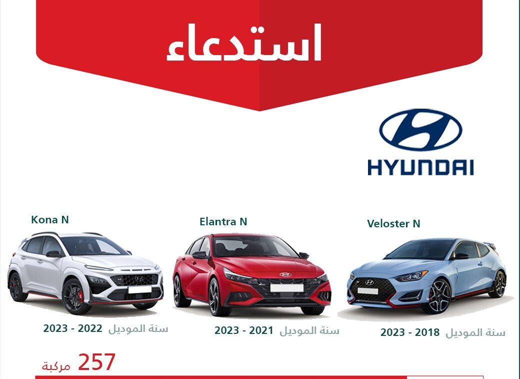 استدعاء 257 سيارة هيونداي (كونا N وإلنترا N، فولستار N) موديلات 1018-2023