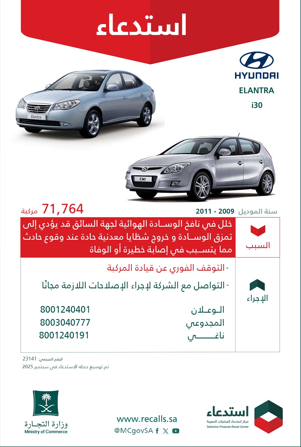 استدعاء 71764 سيارة هيونداي إلنترا وi30