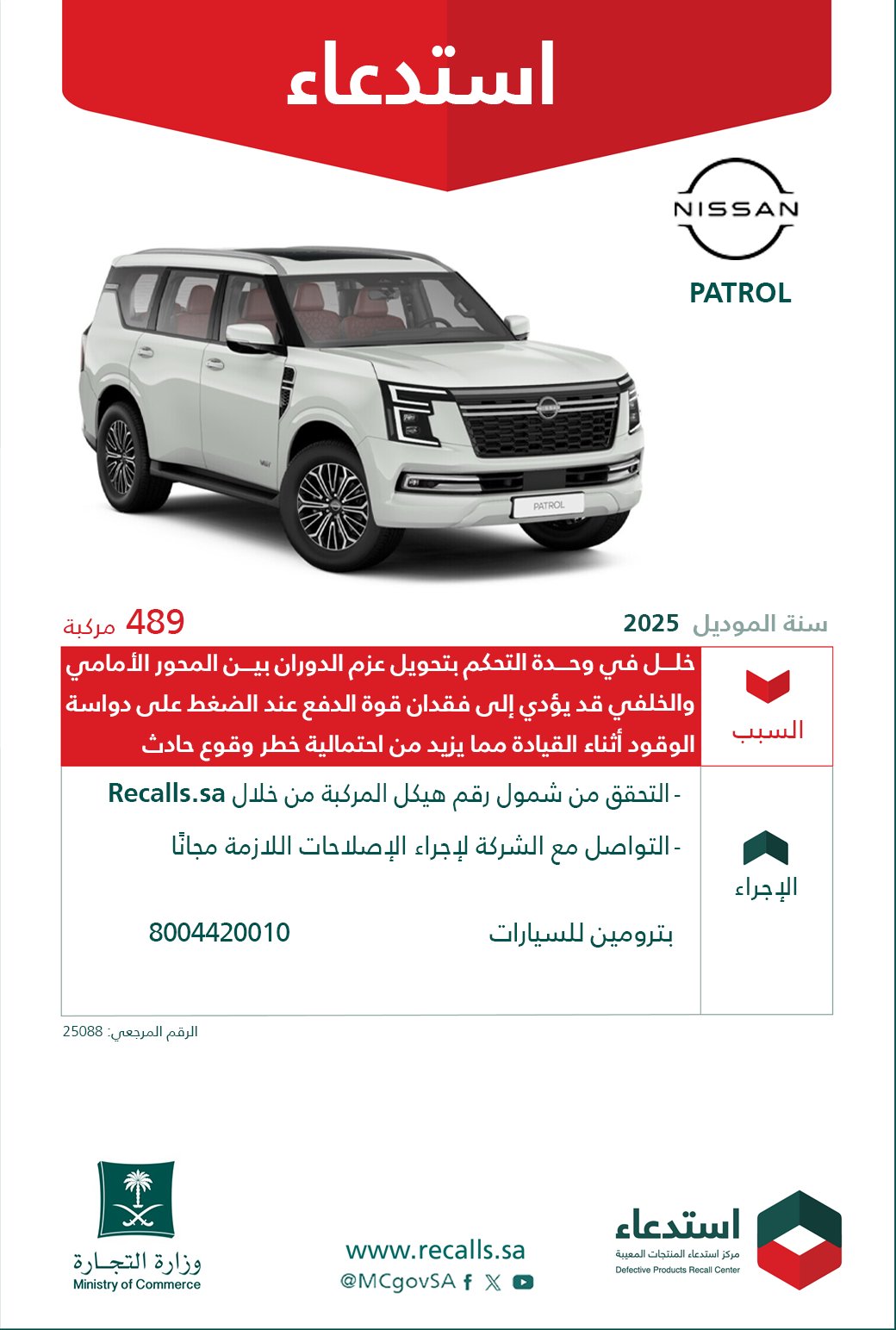استدعاء 489 سيارة نيسان باترول موديل 2025 استدعاء 489 سيارة نيسان باترول موديل 2025