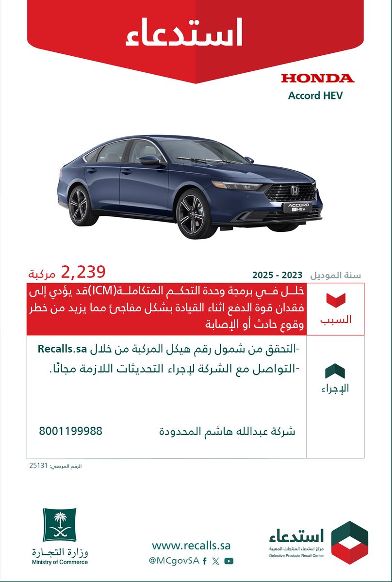 استدعاء 2239 مركبة هوندا أكورد هايبرد