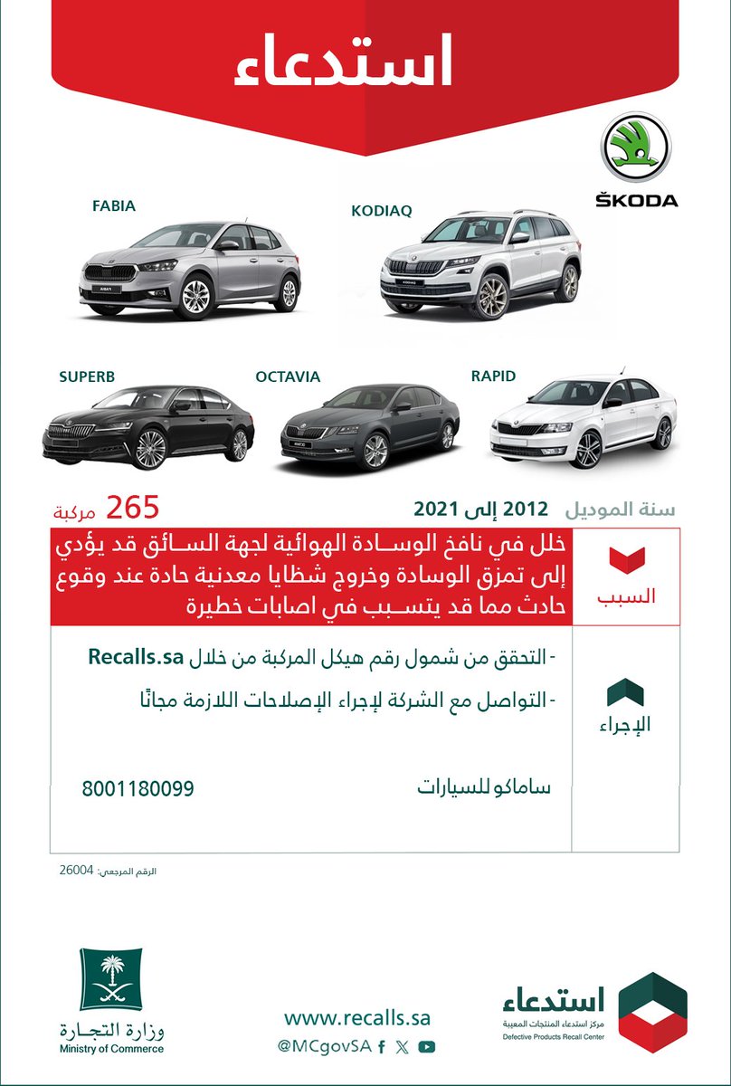 استدعاء 265 مركبة سكودا (طرازات مختلفة) موديلات 2012-2021 استدعاء 265 مركبة سكودا