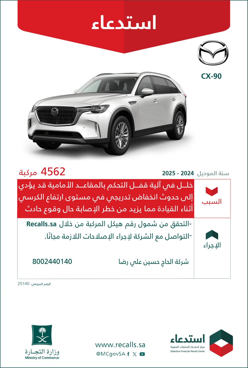 استدعاء 4562 سيارة مازدا CX-90 موديلات 2024-2025 استدعاء 4562 سيارة مازدا CX-90