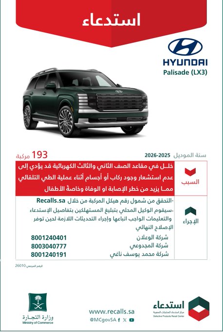 استدعاء 193 سيارة هيونداي باليسيد موديلات 2025-2026 استدعاء 193 سيارة هيونداي باليسيد