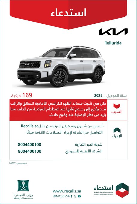 قائمة استدعاءات السيارات في السعودية بالرابع الثالث من 2026 قائمة استدعاءات السيارات في السعودية بالرابع الثالث من 2026 4