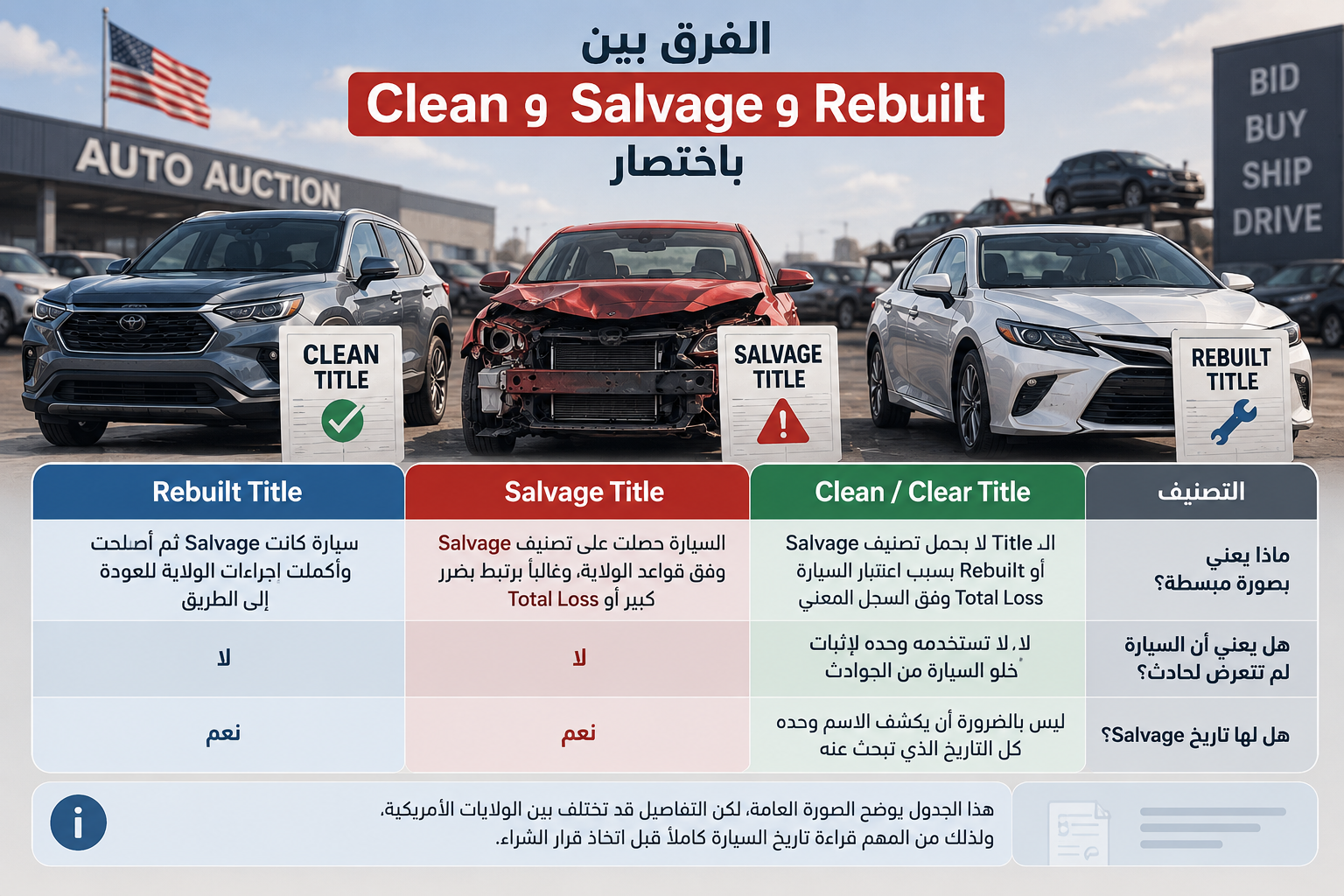 سيارات المزادات الأمريكية: ما الفرق بين Clean وSalvage وRebuilt؟ 1