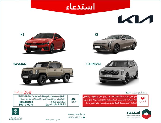 وزارة التجارة: استدعاء 319 سيارة من سيارات كيا موديلات 2026 استدعاء 319 سيارة من سيارات كيا