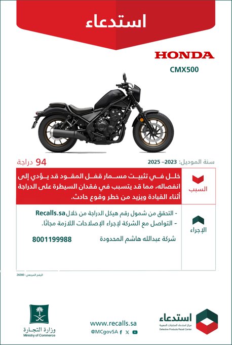 استدعاء 94 دراجة هوندا CMX500