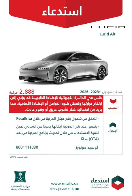 استدعاء 2888 سيارة لوسيد آير