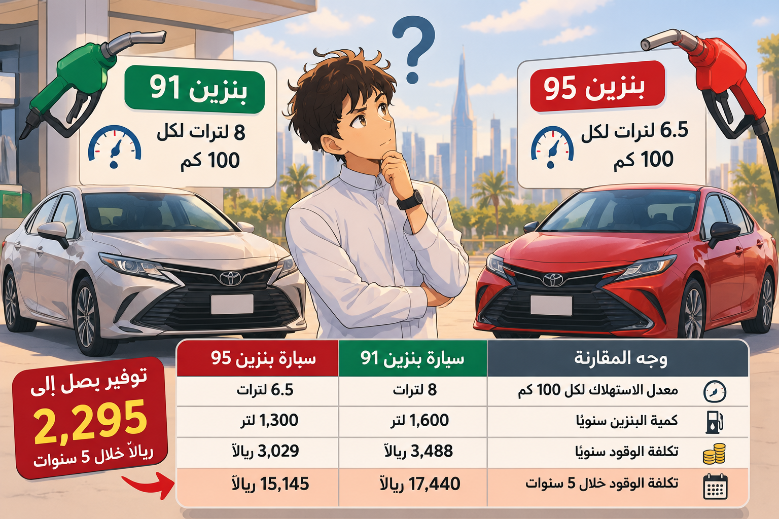 الفرق بين بنزين 91 و95 في التكلفة.. كم تدفع زيادة خلال 5 سنوات؟ الفرق بين بنزين 91 و95 في التكلفة.. كم تدفع زيادة خلال 5 سنوات؟