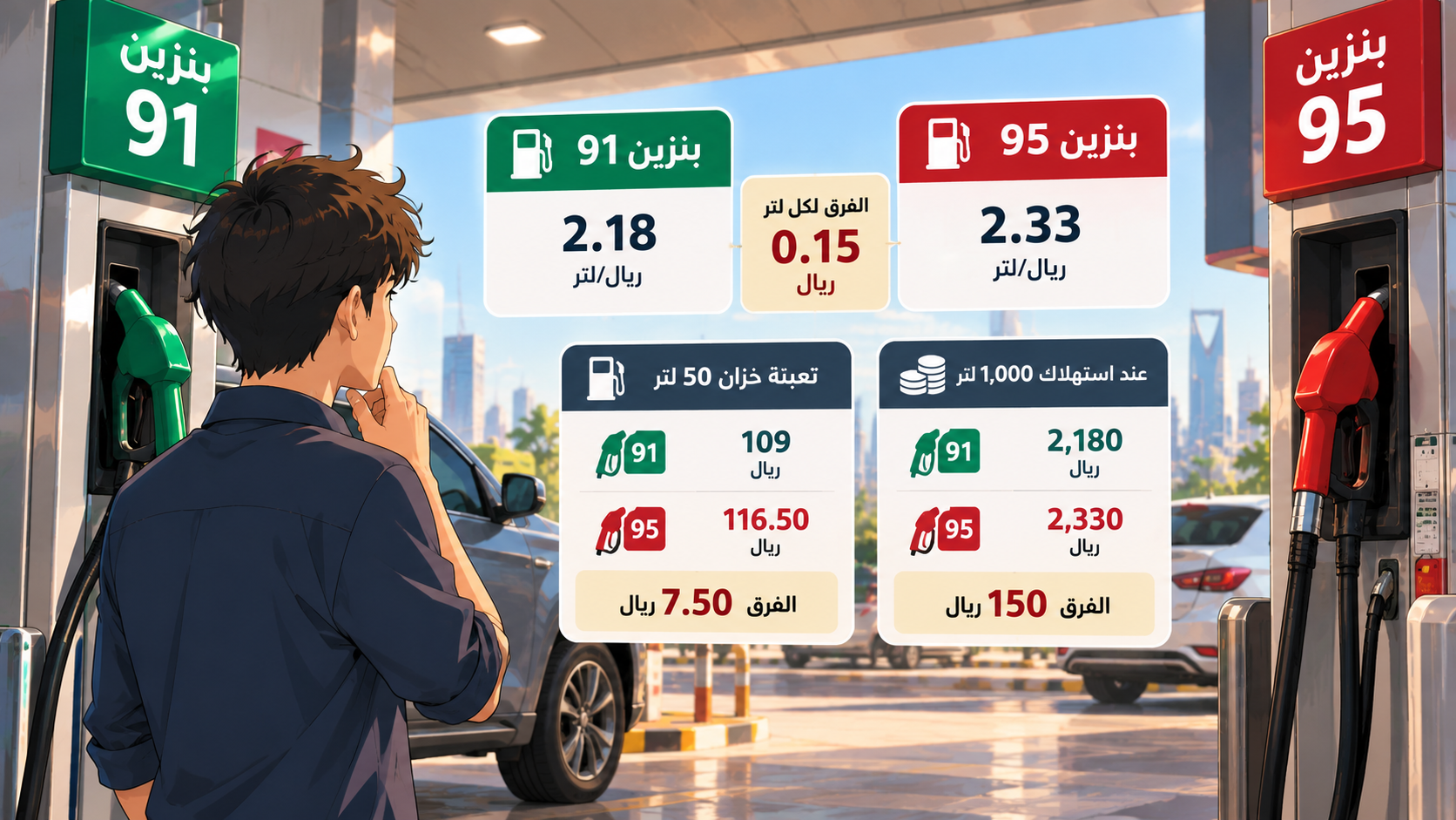 الفرق بين بنزين 91 و95 في التكلفة.. كم تدفع زيادة خلال 5 سنوات؟ الفرق بين بنزين 91 و95 في التكلفة.. كم تدفع زيادة خلال 5 سنوات؟