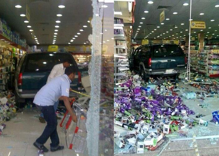 “بالصور” رجل مسن يقتحم بسيارته الجمس صيدلية في منطقة تبوك